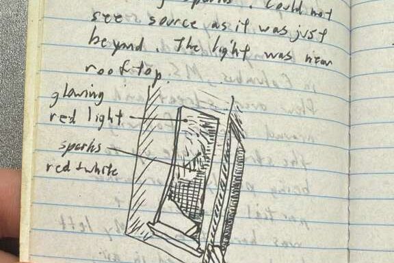 Drawing of the bottom of an alien space craft outside and abductee's window.